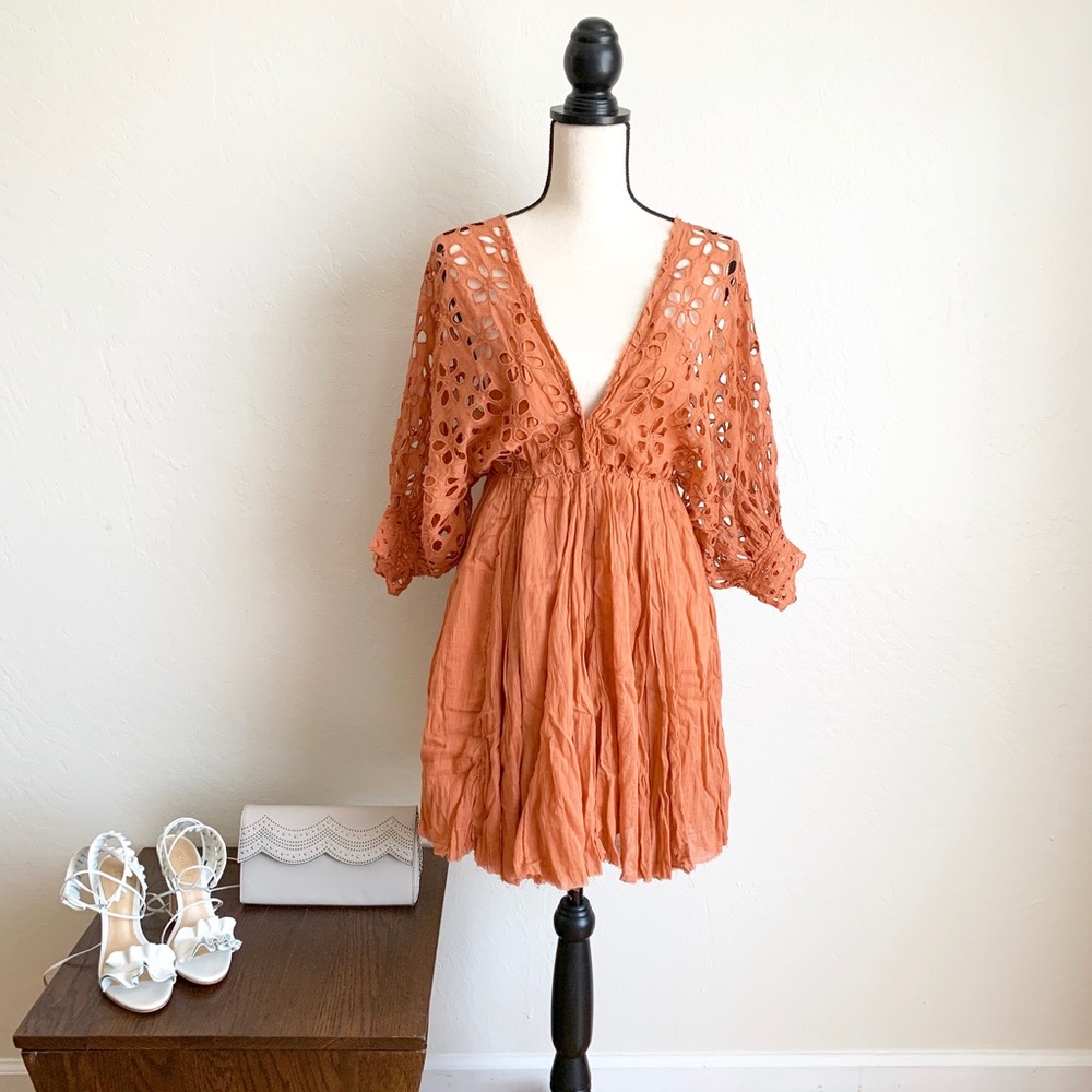 FREE PEOPLE  V-neck Mini Dress 3/4 Sleeves XS